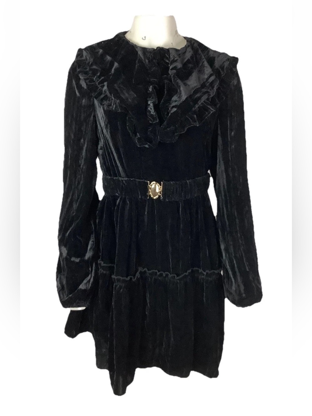 NWT Cider Sz L Velvet Belted Witchy Whimsy Goth Ruffle Tiered Dress Black